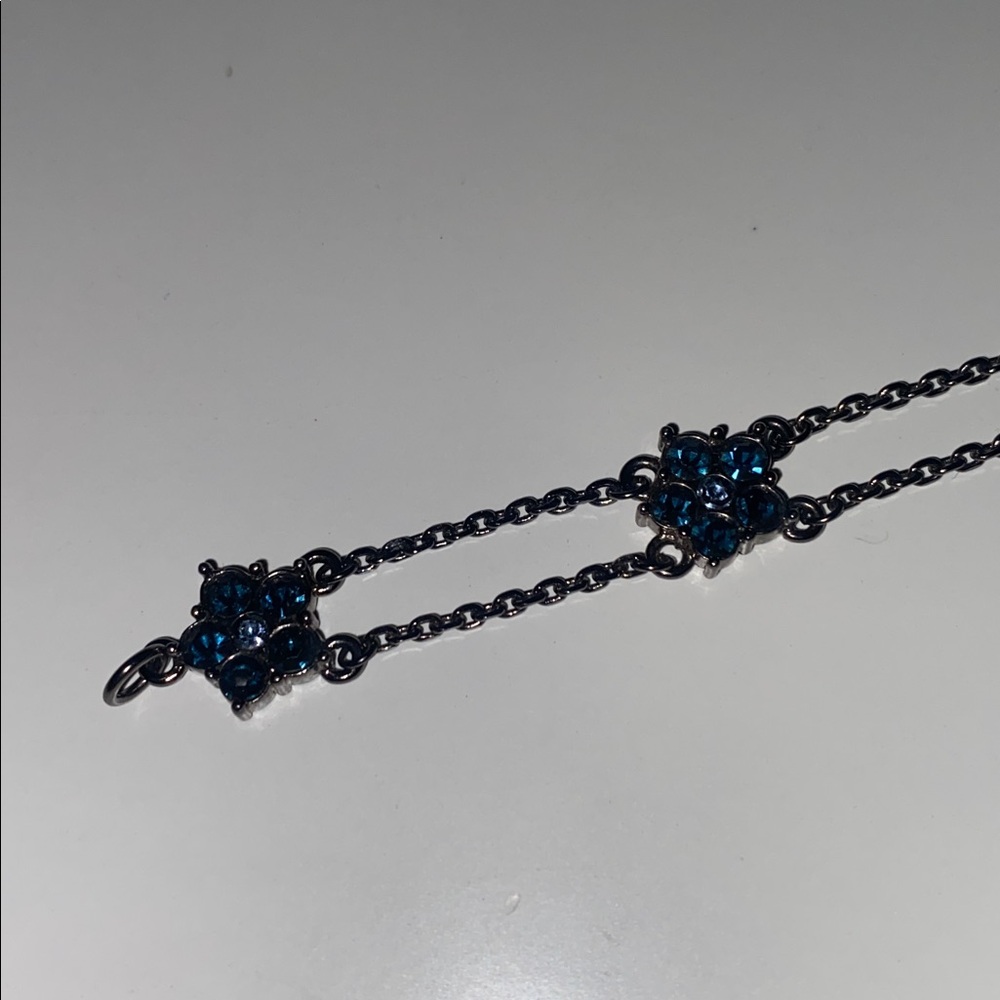 Givenchy Gunnmetal Dark Silver Blue Gemstone Double Chain Daisy Flower Bracelet - Picture 8 of 9